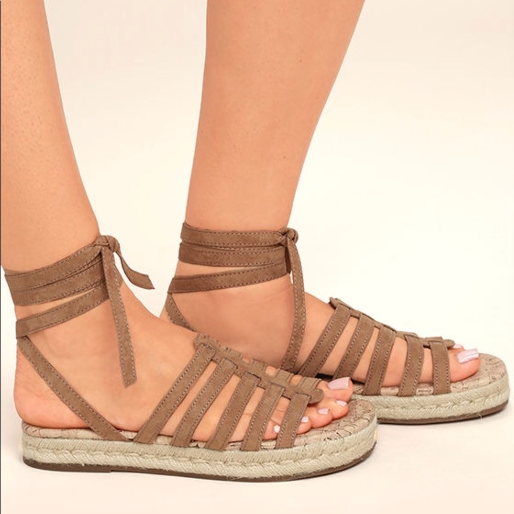 Tan Ankle Lace Up Wraparound Espadrille Sandals